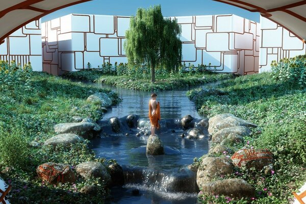 Girl K stands on a stone in an artificial pond in the garden under the arch