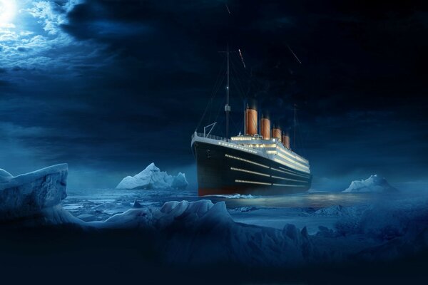 Titanic en el océano de los icebergs por la noche