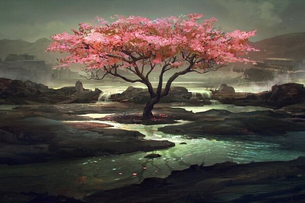 A lonely tree with flying pink leaves on the background of a dull nature