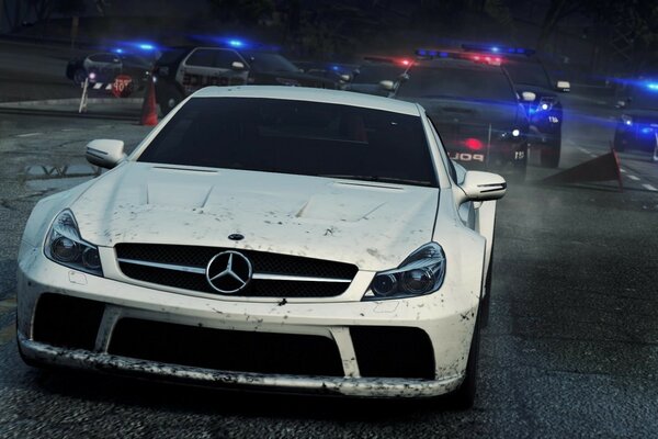 White Mercedes sports car on the night lights of the transport system
