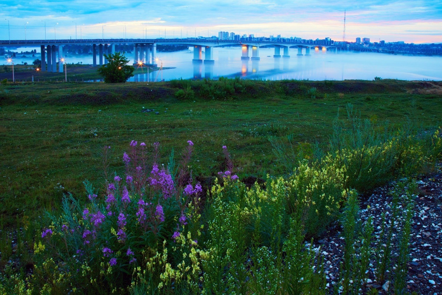 bridges landscape nature flower outdoors dawn water summer hayfield grass rural countryside scenic flora field color sky season