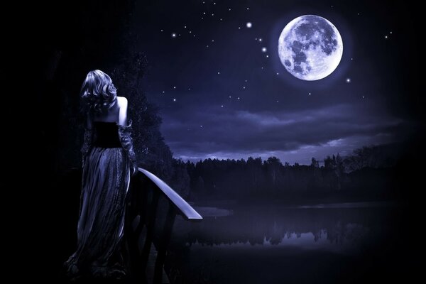 A girl at night and a full moon