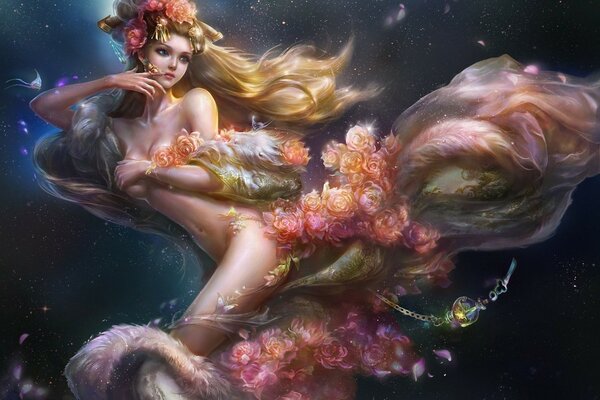 Dibujo de una sirena de cuento de hadas en flores