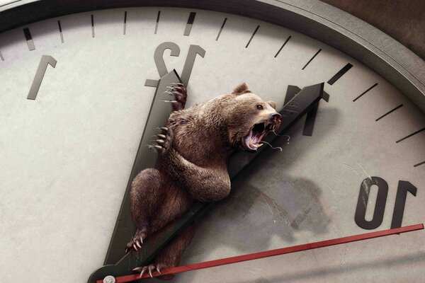 The bear pushes the hands of the clock with his paws