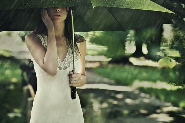 A girl in a white dress under an umbrella