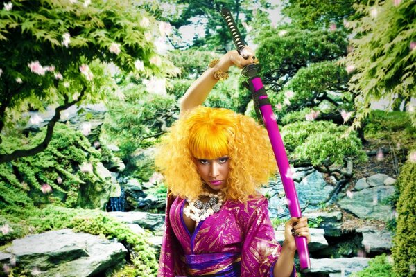 A woman in a bright wig and Japanese clothes