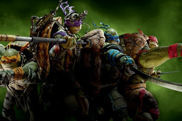 A group of teenage mutant ninja turtles in battle