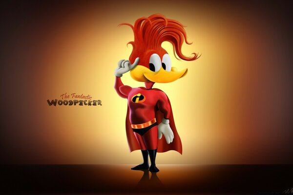 Woody Woodpecker in costume da supereroe su sfondo nero