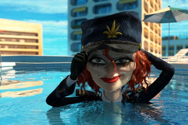 Eroina dei cartoni animati dai Capelli rossi delinquente in piscina. Redhead ragazza in un berretto