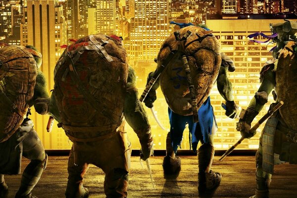 Teenage Mutant Ninja Turtles look at the illuminated city