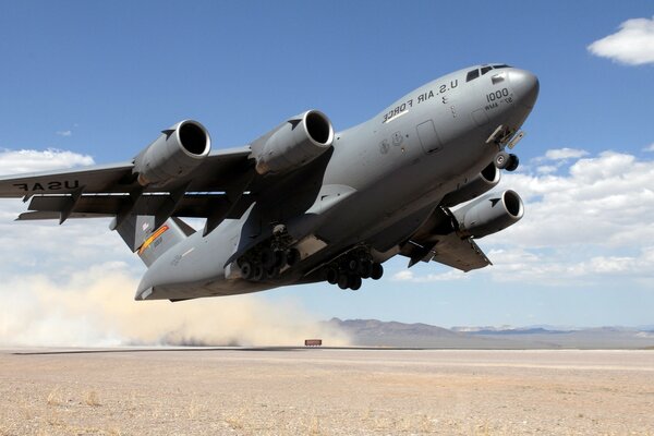 Aviation. The transport plane takes off