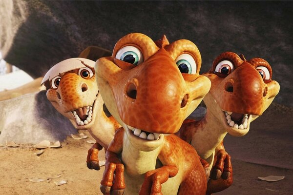 A funny trio of funny dinosaurs from cartoons