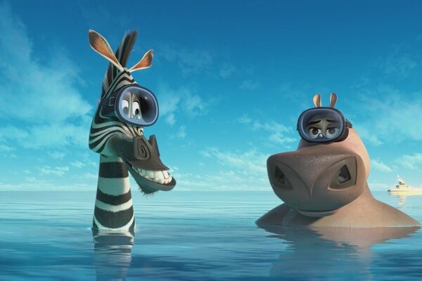 Zebra e ippopotamo si divertono al mare