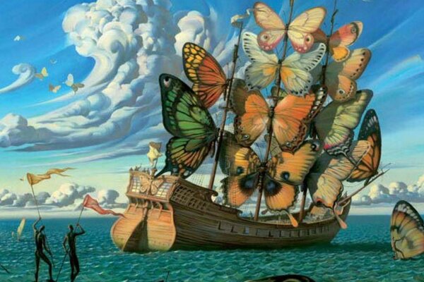 Un barco con una vela de mariposas. Pintura