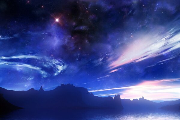 Sea and mountains on a background of stars