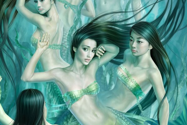 Fashionable mermaid girls underwater