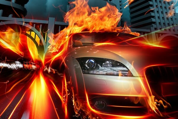 Abstract del gioco. Le auto sportive devono guidare attraverso il fuoco