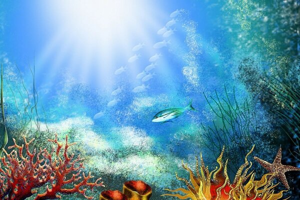 Underwater world with fish and sun rays