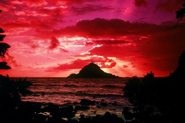 Scarlet sunset over the volcano