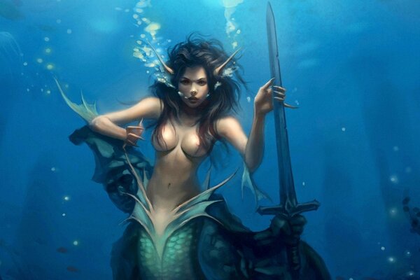 Image of an underwater character of a woman with a sword