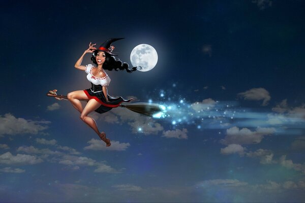 A joyful witch flies on a broom at night on a full moon