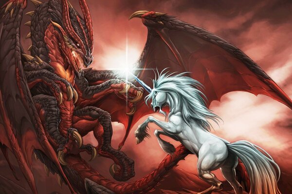 A fantasy dragon fights a pegasus