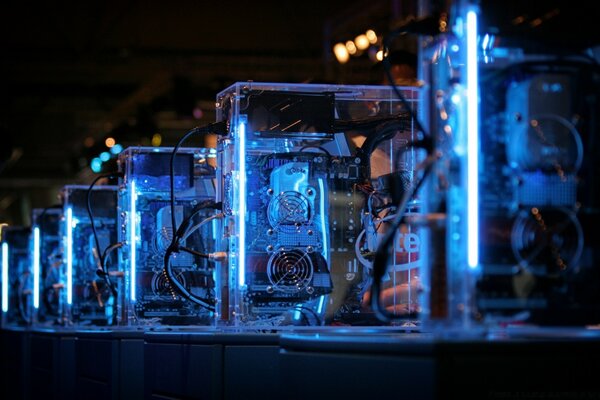 Computer equipment illuminated with blue light