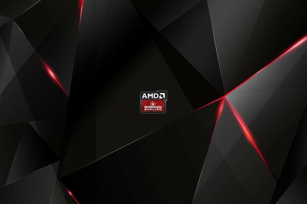 Imagen futurista del logotipo de AMD sobre un fondo geométrico negro