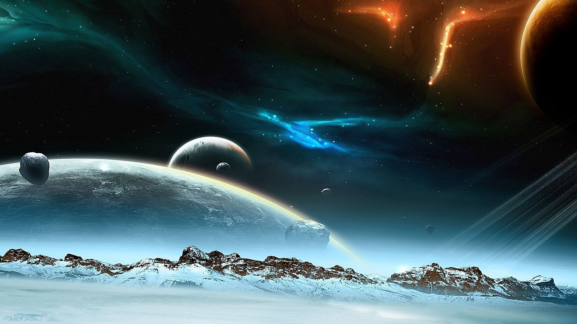 planètes lune planètes astronomie science galaxie sphérique neige fiction espace exploration lumière ciel hiver aube