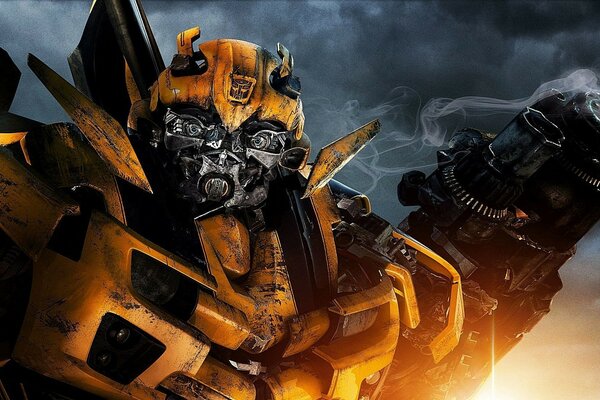 A fantastic Bumblebee movie against the background of an explosion and smoke