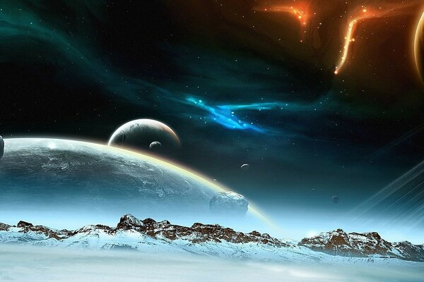 Parade of planets celestial bodies over snow-capped mountains