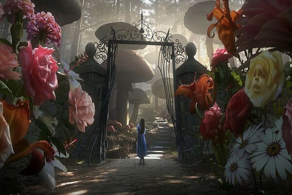 Alice no país das maravilhas grandes cogumelos e flores menina