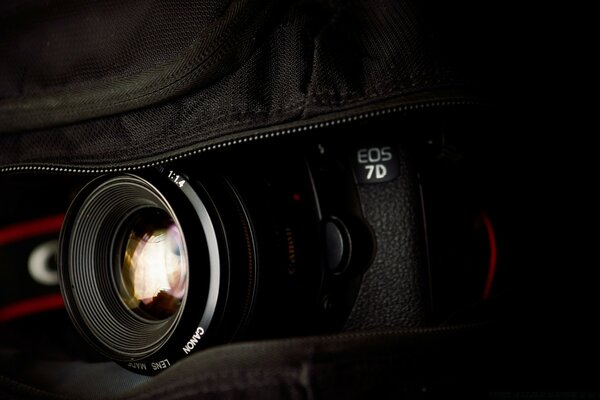 Camera lens in an open bag