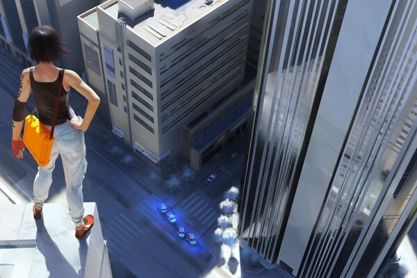 A tracer girl stands on the edge of the roof of a skyscraper