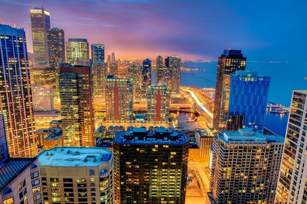 City skyscrapers at sunset in the city center