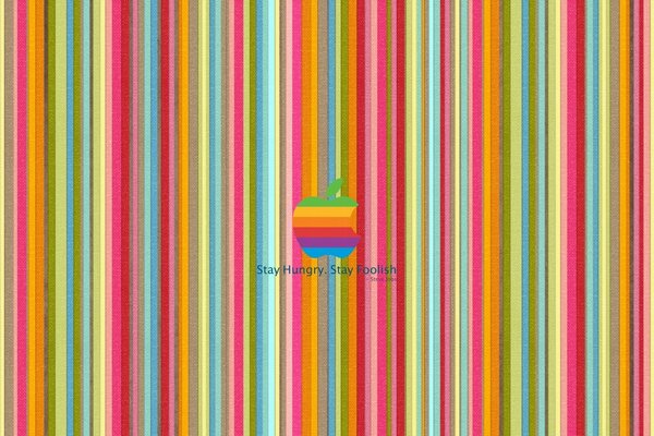 Apple s rainbow logo on a background of colored vertical stripes