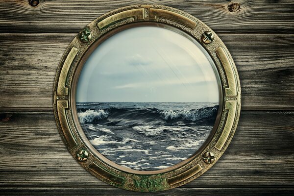 Water landscape in the window of the ship