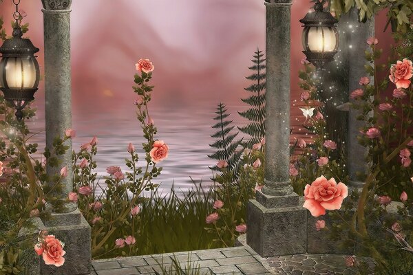 Fantasy rose bushes by the lake