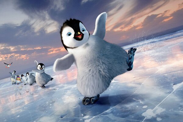 Penguins are moving in a flock on the ice. Illustration