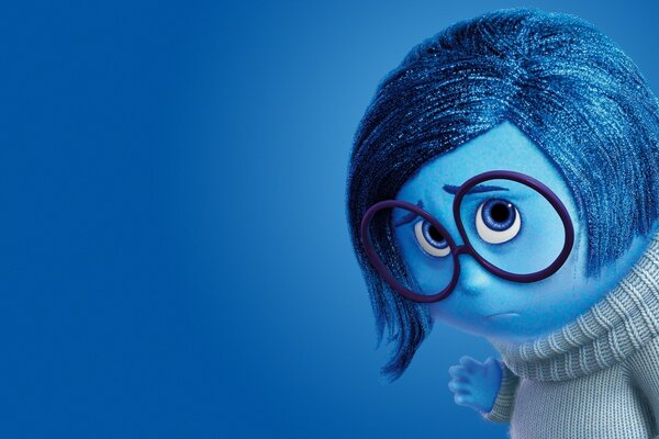 Cartoon. Sad girl with glasses and blue hair