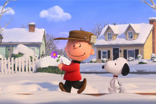 Cartoon wallpaper. A boy and a puppy. Winter in the village