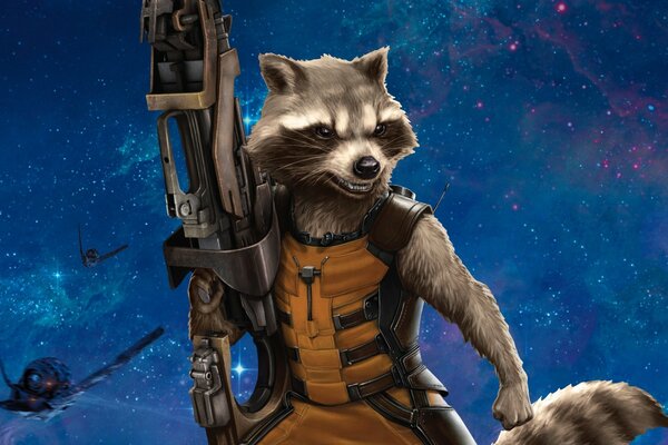Guerrero mapache de dibujos animados con armas en el espacio