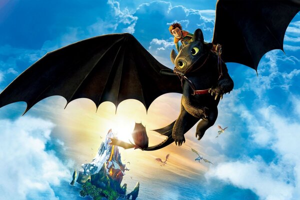 Drago nel cielo. Carta da parati del fumetto. Fantasia