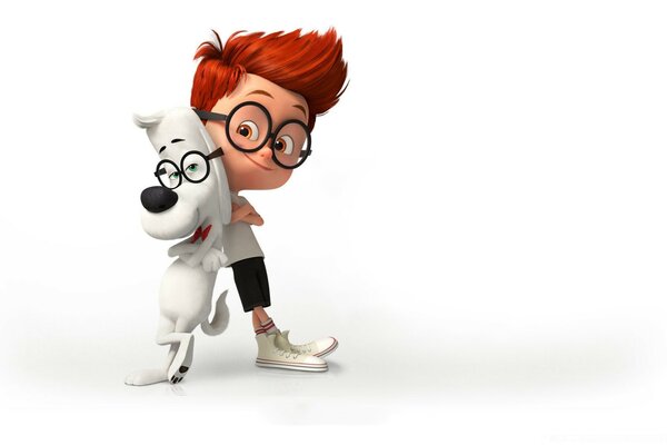 Cartoon illustration of a boy with glasses and a dog with glasses