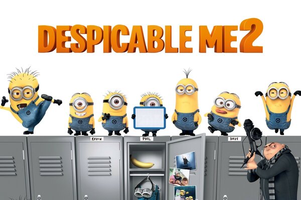 Ilustração de Despicable Me 2 com Minions em armários