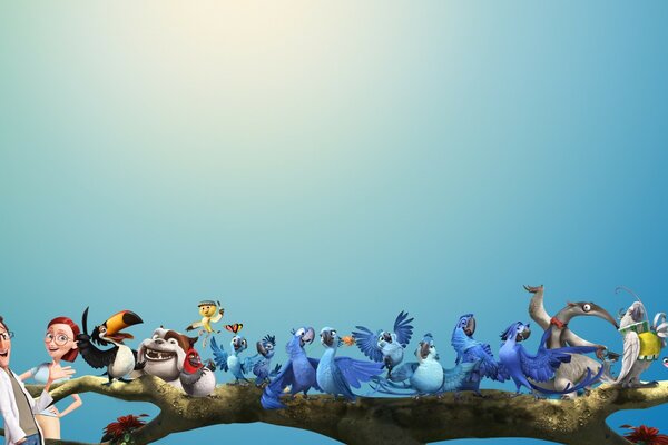 Cartoon characters on a blue sky background