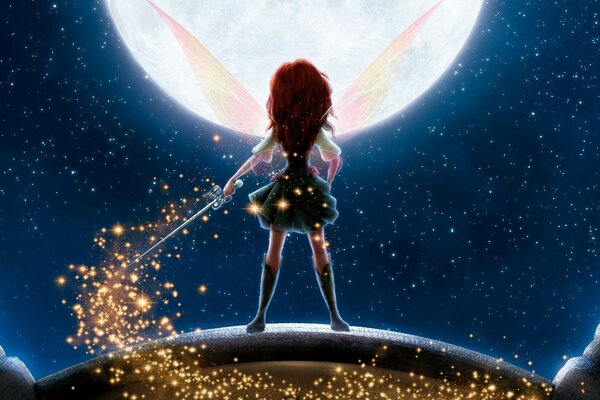 Fairy, elf on the background of a large moon and a starry sky