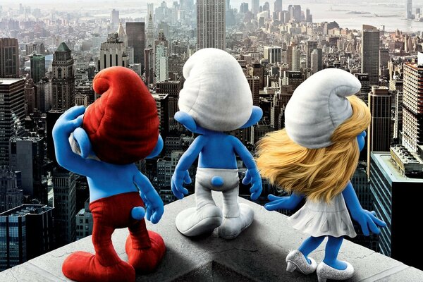 Smurfs on the roof of a skyscraper in New York