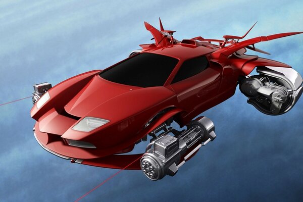 Futuristic red flying car