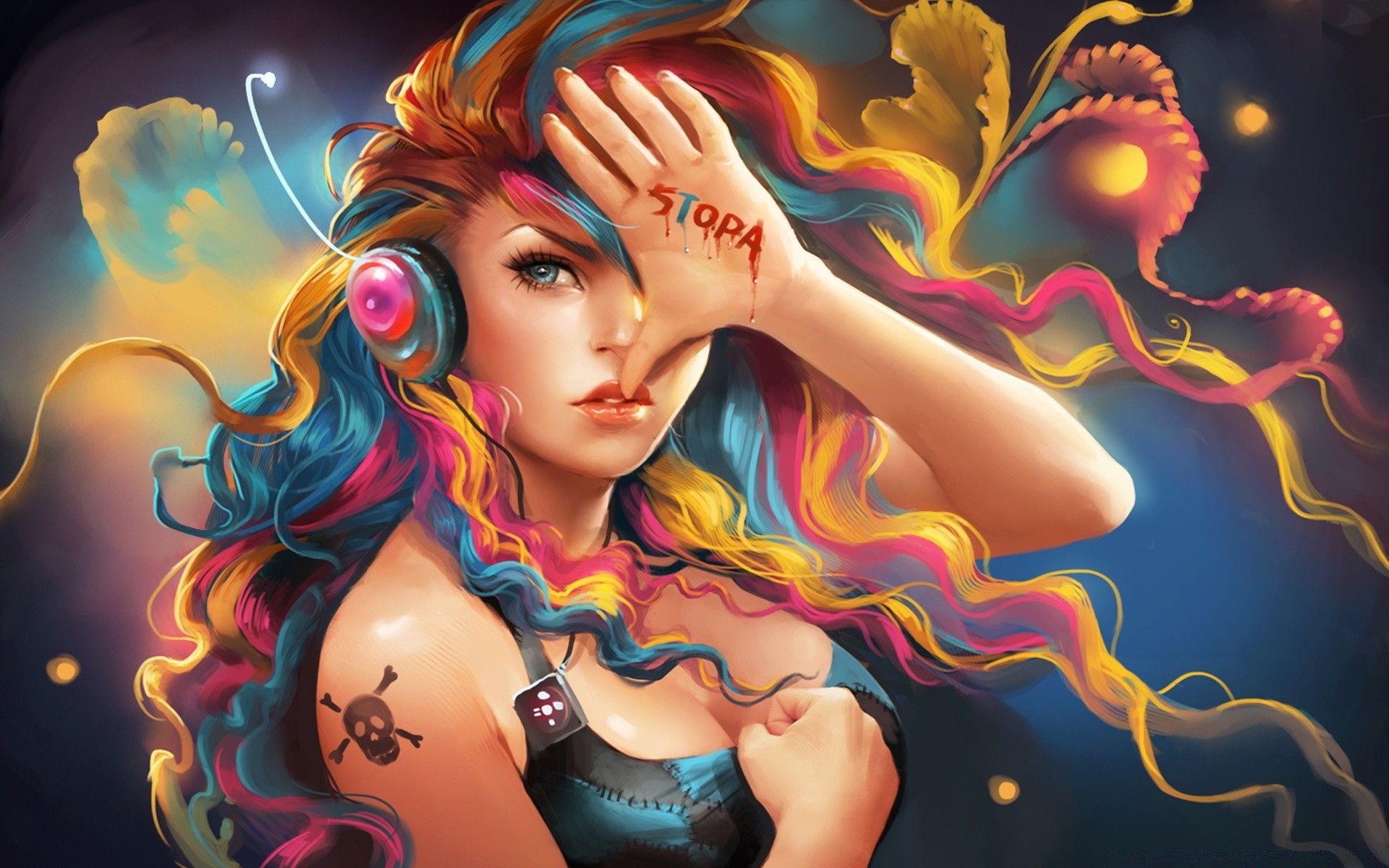 tecnologia digital e software mulher arte fantasia magia ilustração brilhante música desktop moda design